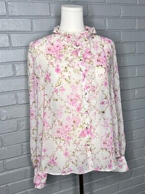 Mystree Pink Floral Ruffle Tie-Neck Button-Up Blouse Size Large